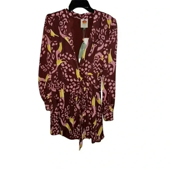 Farm Rio Toucanissimo Long Sleeve Print Wrap Dress Burgundy Size Small
